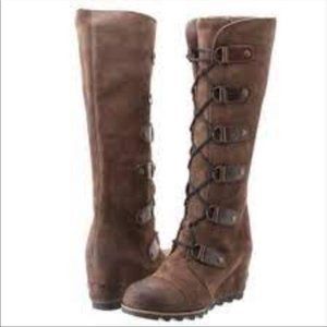 Sorel Brown Suede Tall Joan of the Arctic wedge Boot Lace Up  Western Size 9.5